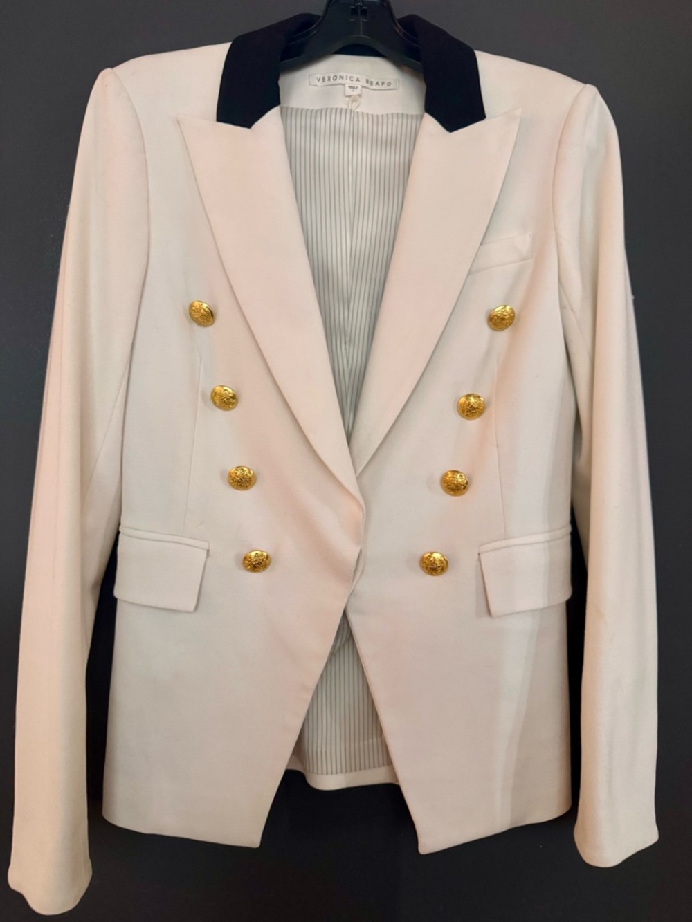 Veronica Beard Cream Blazer with Black Collar and Gold Buttons